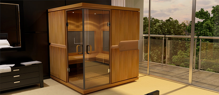 Un sauna infrarouge est installé dans la pièce d'une habitation. 
