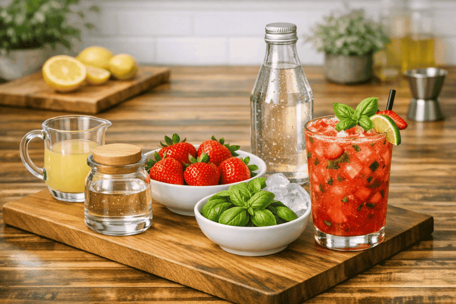 Tous les ingrédients pour réaliser un mocktail fraise basilic sont disposés dans une cuisine.