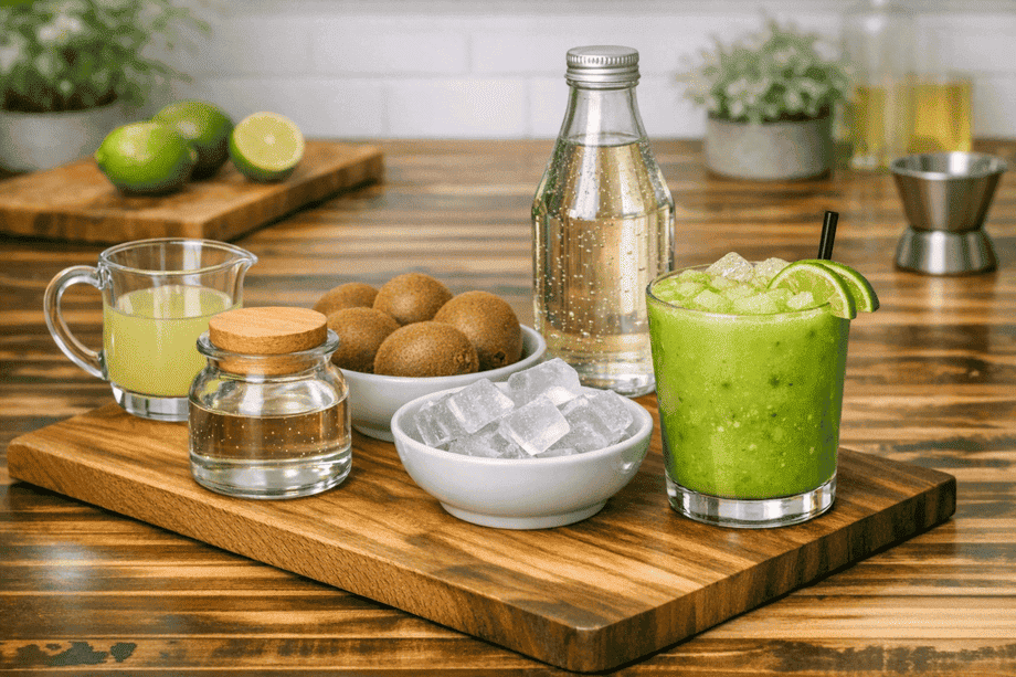 Tous les ingrédients pour réaliser un mocktail Kiwi Spritz sont disposés dans une cuisine.