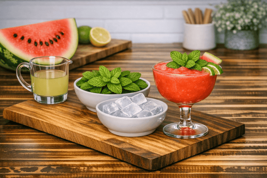 Tous les ingrédients pour réaliser un mocktail pastèque menthe sont disposés dans une cuisine.