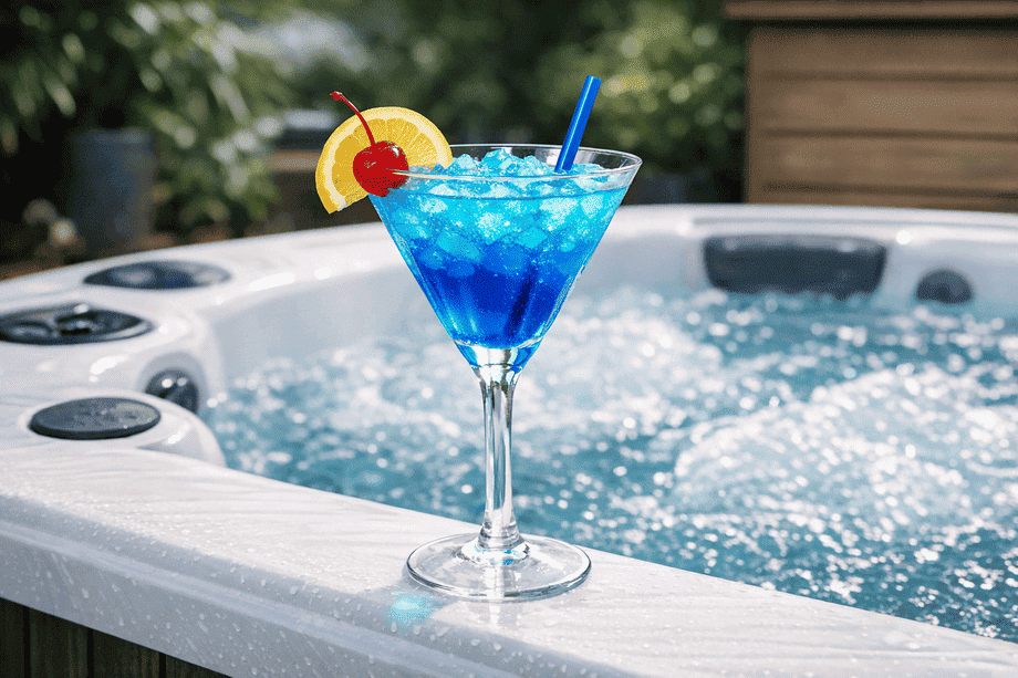 Un mocktail (virgin blue lagoon) est posé sur le bord d'un spa.