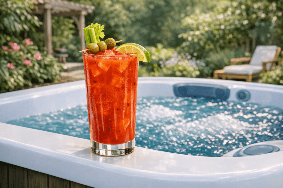 Un mocktail (virgin mary) est posé sur le bord d'un spa installé dans un jardin