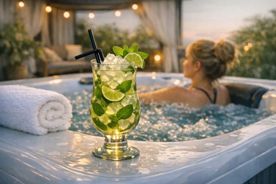 Un mocktail (virgin mojito) est posé sur le bord d'un spa dans lequel une femme est installé