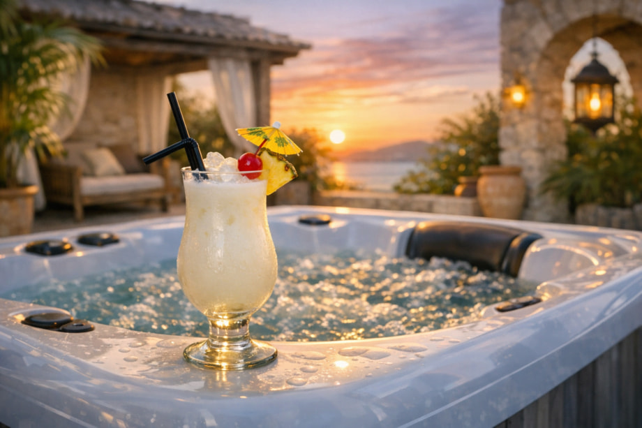 Un mocktail (virgin pina colada) est posé sur le bord d'un spa qui bénéficie d'une vue mer avec un beau coucher de soleil.