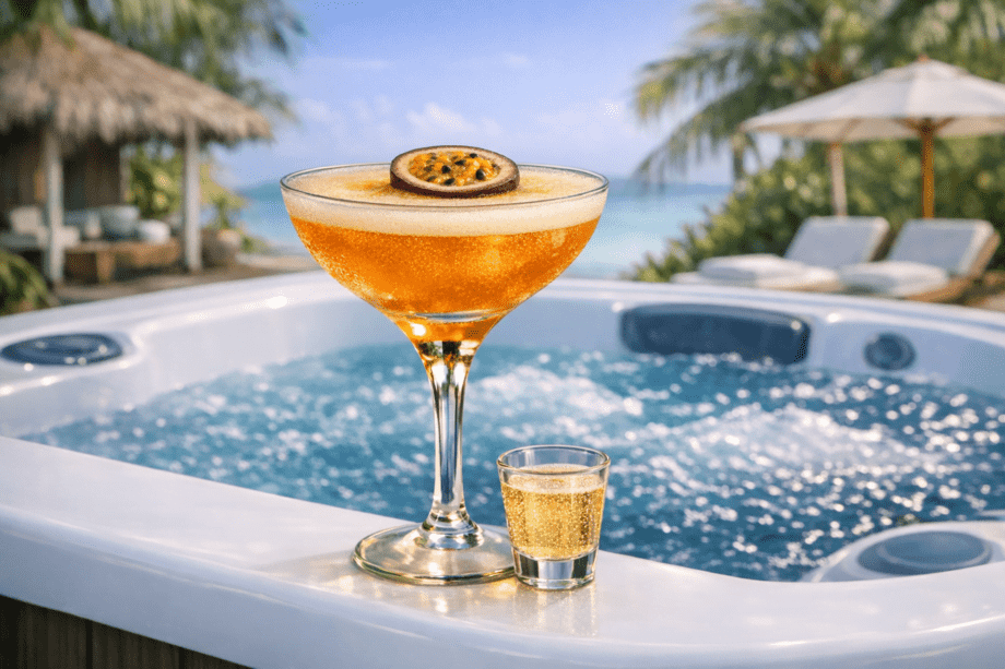 Un mocktail (virgin pornstar martini) est posé sur le bord d'un spa en acrylique.