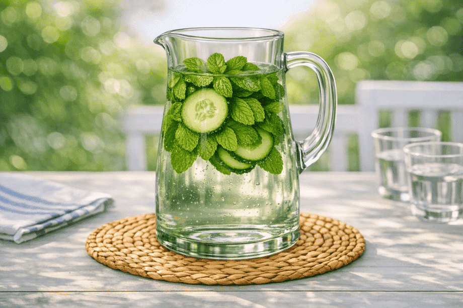 Une carafe rempli d'eau avec des rondelles de concombre et des feuilles de menthe pour faire une eau aromatisée