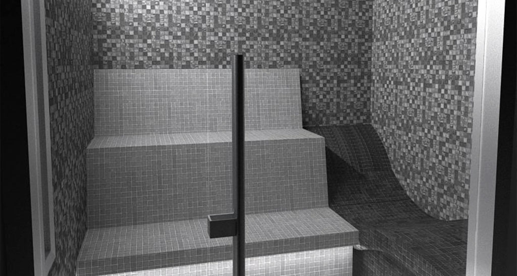 Hammam Ovation Lounge avec places assises et une place allongée en noir et blanc.
