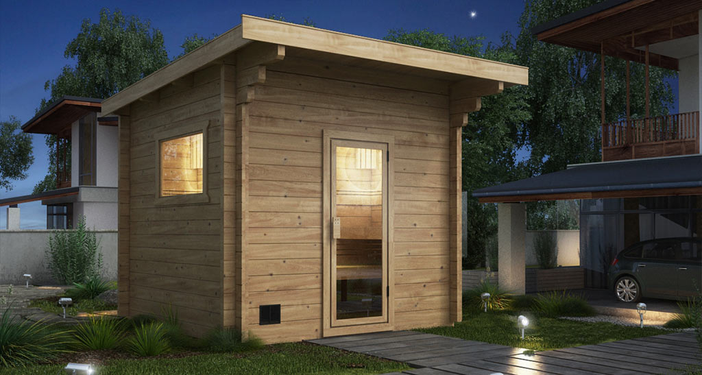 Chalet sauna extérieur illuminé dans la cour d'une maison à la tombée de la nuit.