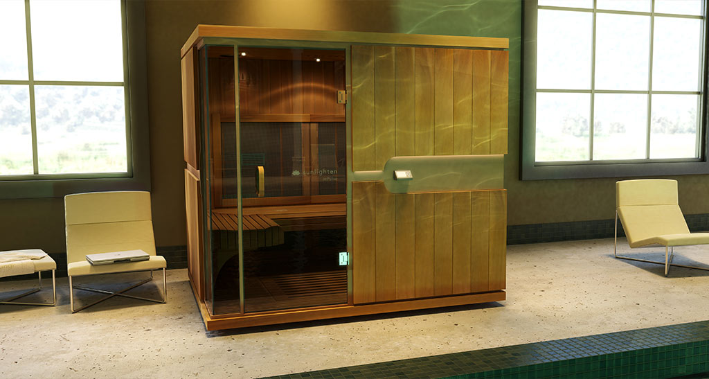 Cabine sauna Infrarouge Grand Confort avec le reflet de l'eau, dans une pièce avec une chaise de chaque côté.