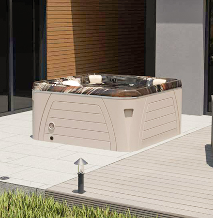 Spa acrylique portable installé sur une terrasse en carrelage