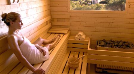 Une femme se détend dans un sauna traditionnel.