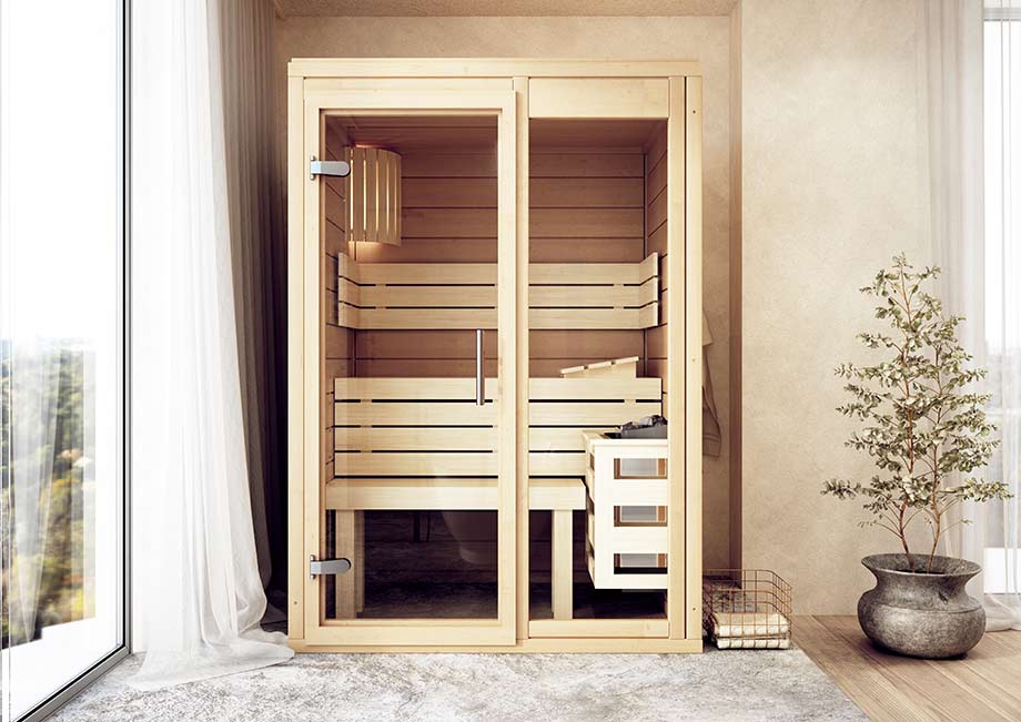 Un sauna traditionnel est installé dans une pièce à vivre d'une habitation. 