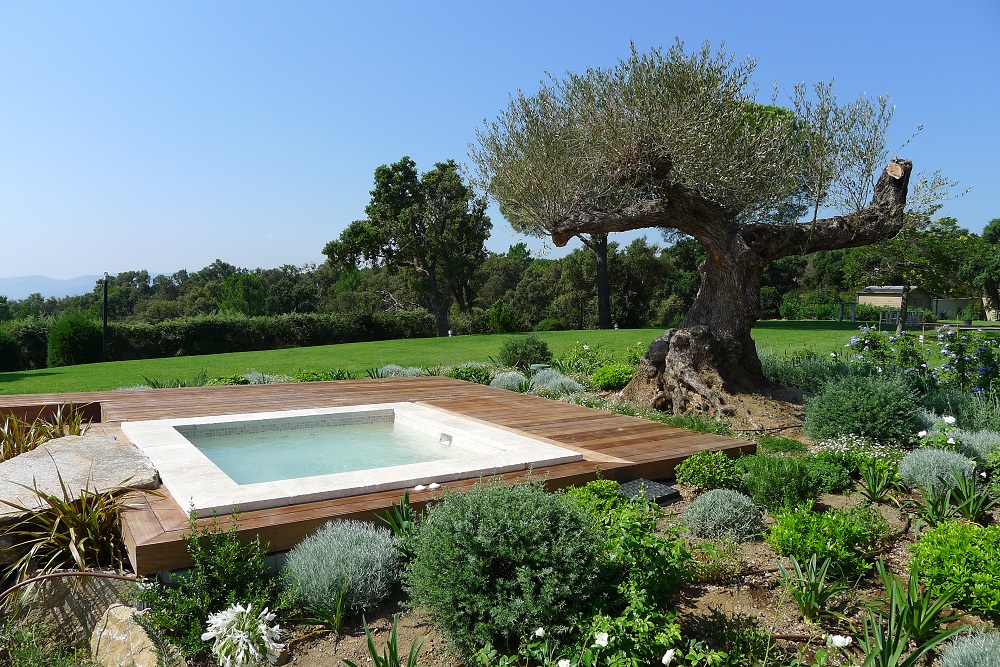 Un spa est encastré dans une terrasse en bois. Il est placé dans un jardin paysagé.