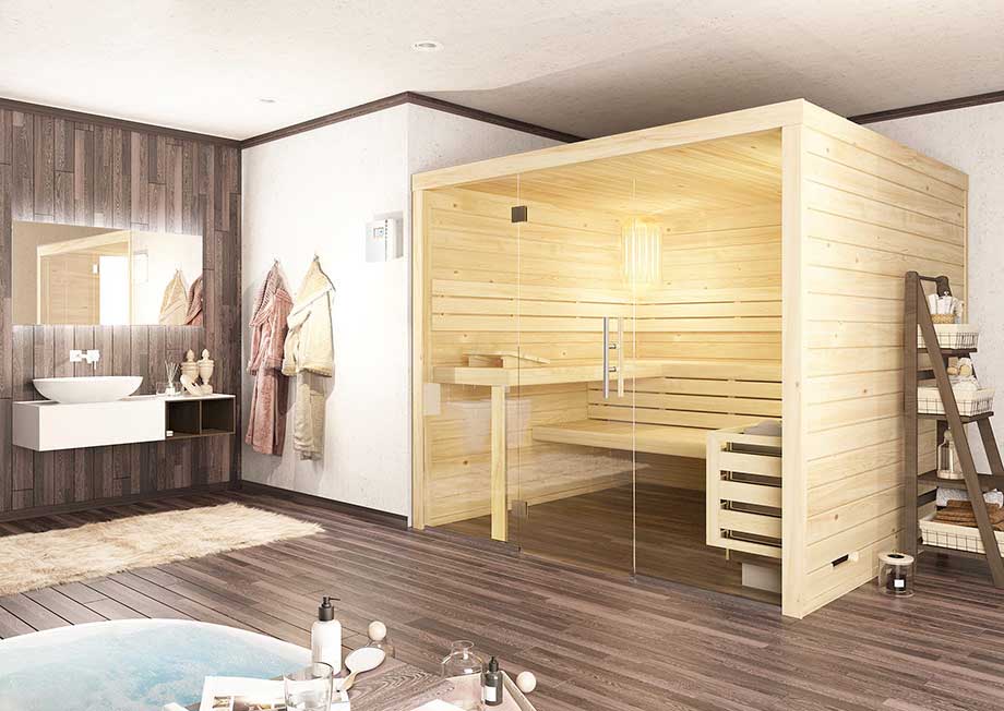 Un sauna traditionnel en bois est implanté dans une salle de bain. 