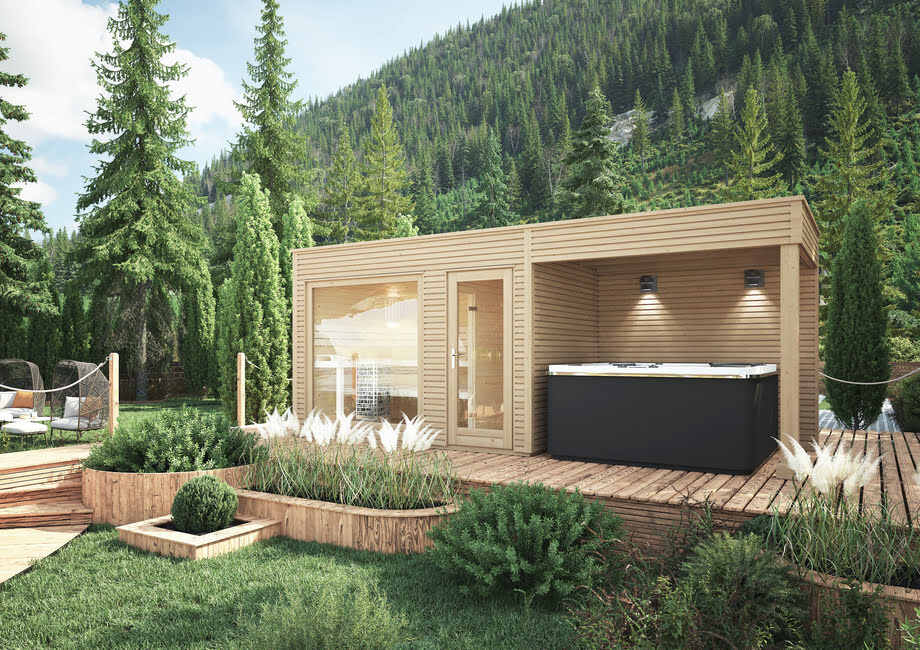 Un sauna est installé en extérieur au sein d'un pool house où est également placé un spa. 