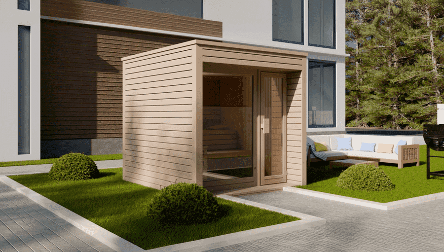 Un sauna extérieur en bois clair avec une grande façade en verre est installé dans un jardin, près d'une maison moderne. 