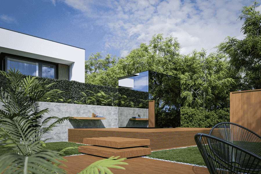 Un sauna extérieur, composée de façades entièrement vitrées avec un effet miroir, est installé dans un jardin, près d'une maison contemporaine. 