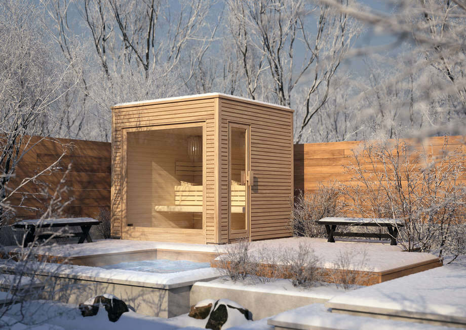 Un sauna moderne est installé en extérieur. 