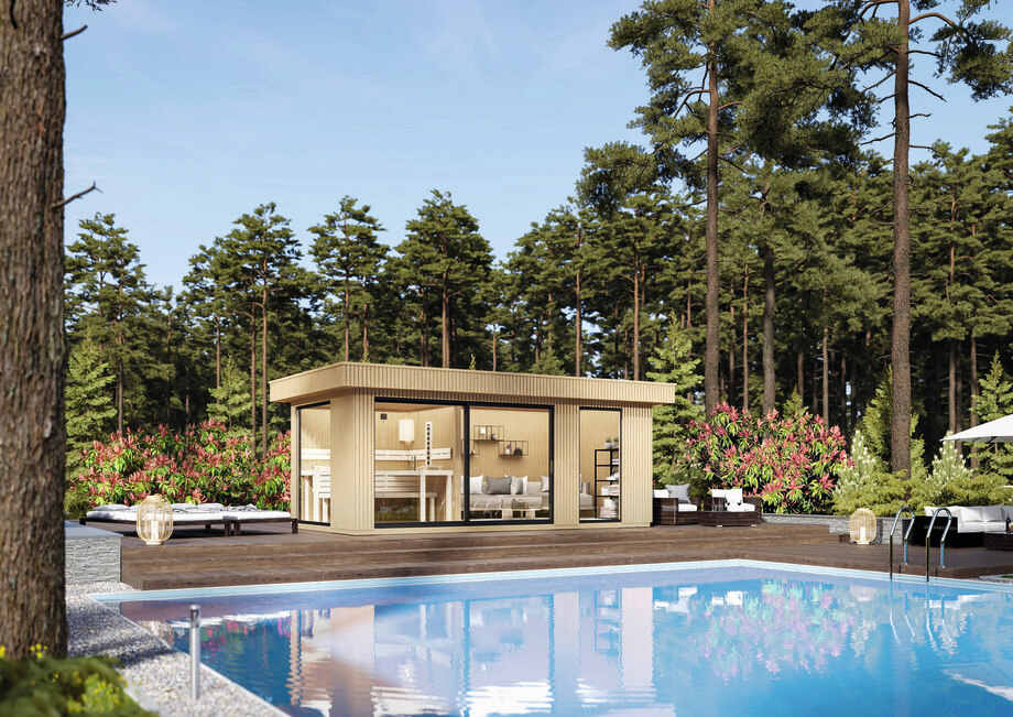 Un sauna est installé à l'extérieur, près d'une piscine. 