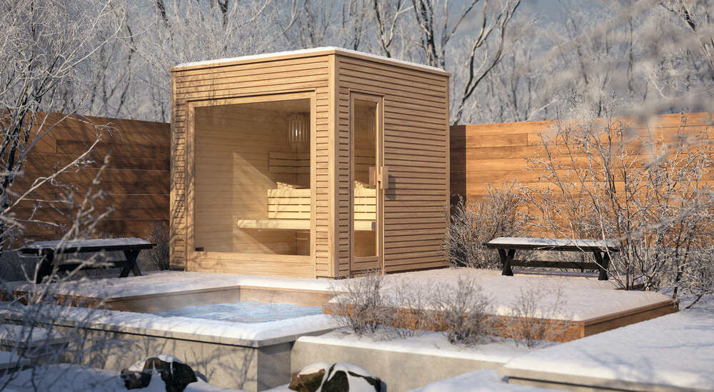 Un sauna est installé en extérieur.