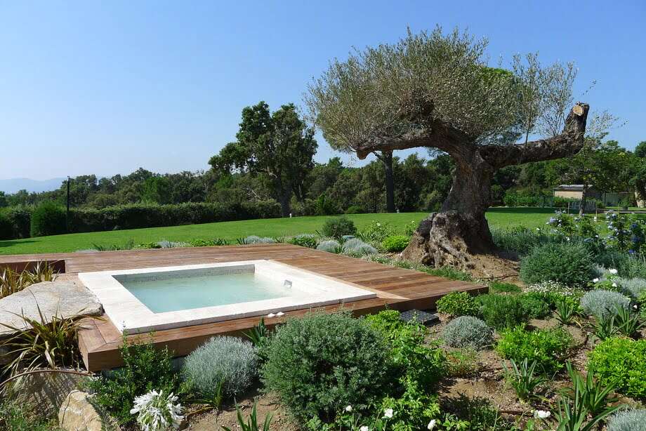 Un spa est installé dans un jardin paysager