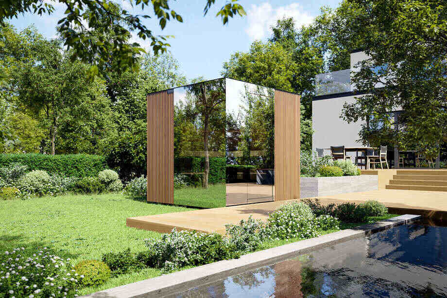 Un sauna finlandais très moderne (chalet) est installé en extérieur.
