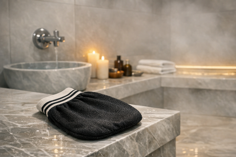 Un gant de Kessa est posé dans un hammam.